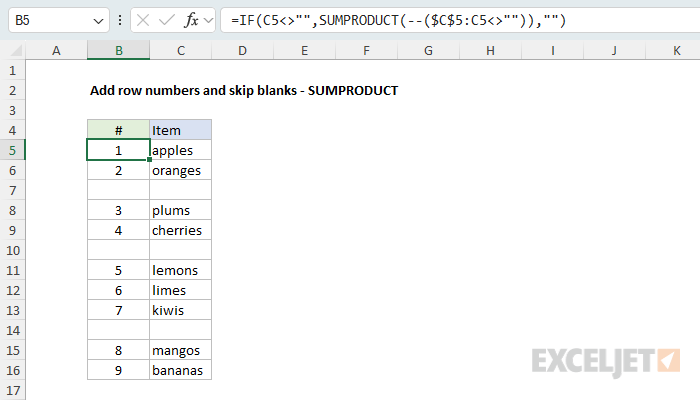 Add row numbers and skip blanks with SUMPRODUCT