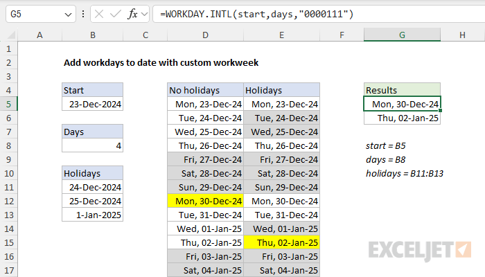 Add workdays to date custom workweek