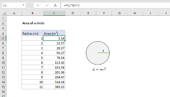 Excel Area of a circle