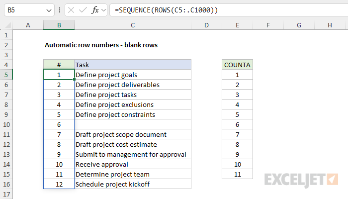 Automatic row numbers with a blank row in the list