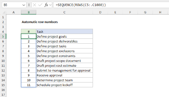 Excel Automatic row numbers