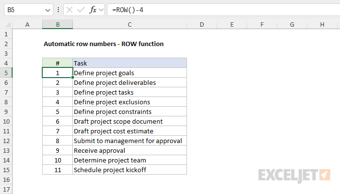 Automatic row numbers with the ROW function