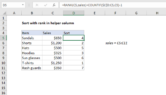 Excel Basic numeric sort formula