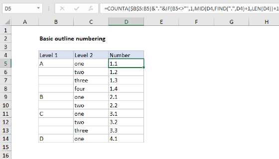 Excel Basic outline numbering
