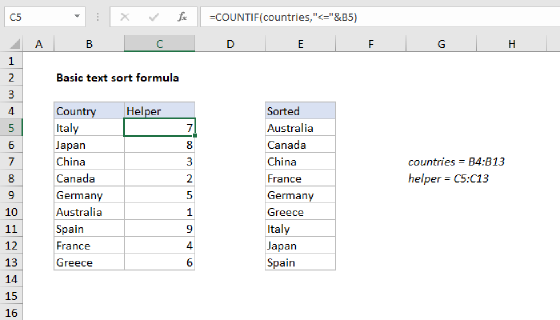 Excel Basic text sort formula