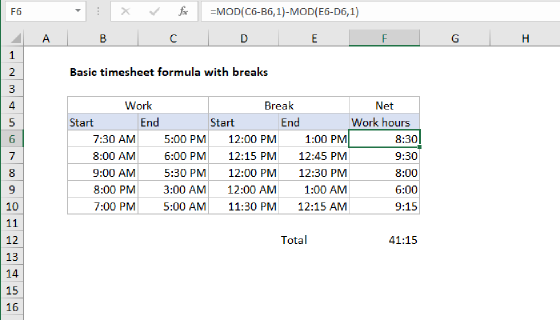 Excel Basic timesheet formula with breaks