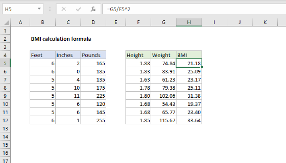 Excel BMI calculation formula
