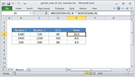 Excel Calculate a ratio from two numbers