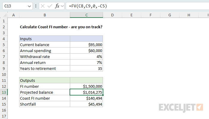 Check if a current balance is on track for Coast FI with the FV function