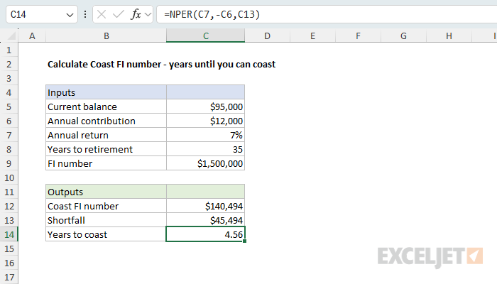 Calculate years until Coast FI with the NPER function