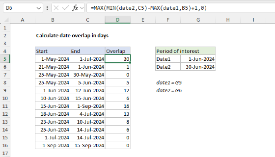 Excel Calculate date overlap in days