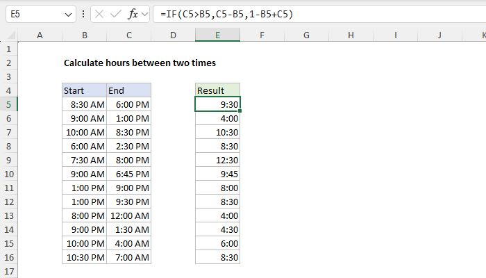 Calculate hours between two times