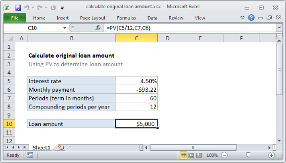 Excel Calculate original loan amount