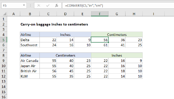 Excel Carry-on baggage Inches to centimeters