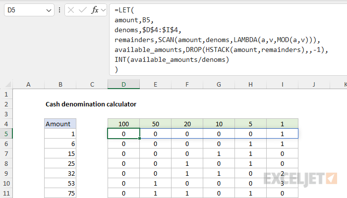 A dynamic array formula to calculate all denominations at once