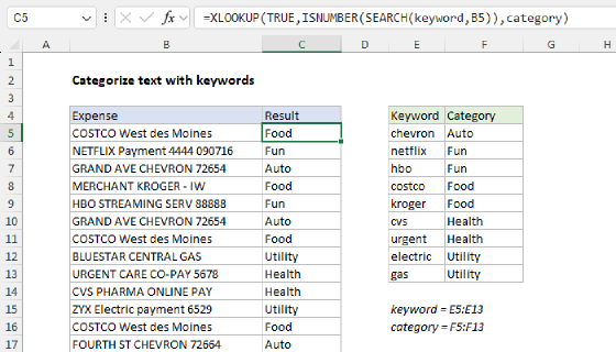 Excel Categorize text with keywords