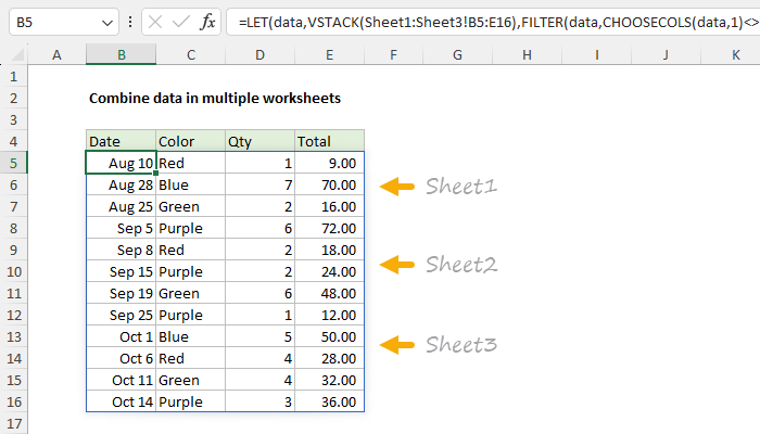 Combine data in multiple worksheets