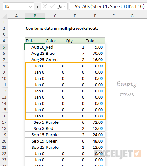 Output from VSTACK may contain empty rows 