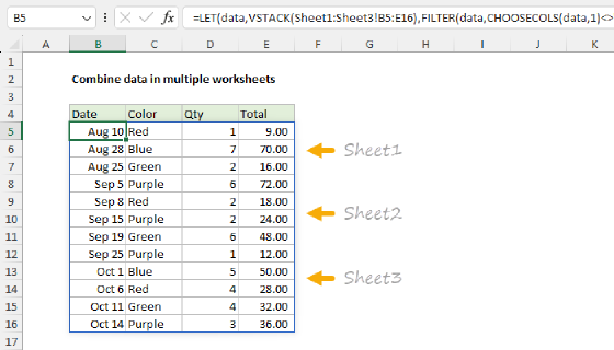 Excel Combine data in multiple worksheets