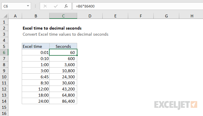 Convert Excel time to decimal seconds