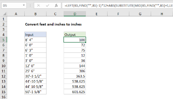 Excel Convert feet and inches to inches