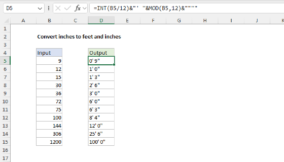 Excel Convert inches to feet and inches