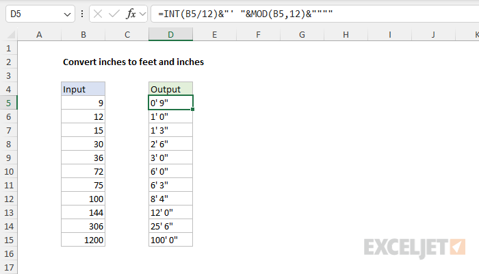 Convert inches to feet and inches