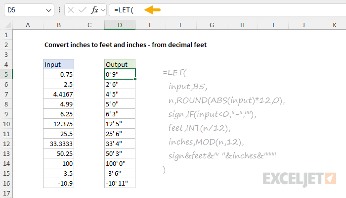 Formula to convert decimal feet to feet and inches