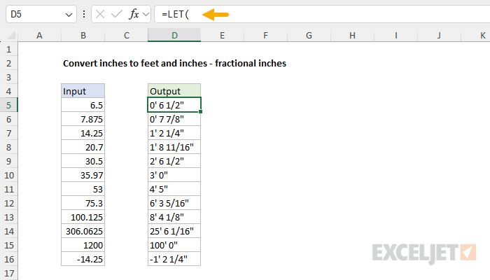 Formula to convert inches to feet and inches with fractions of an inch