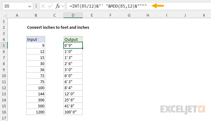 Convert inches to feet and inches