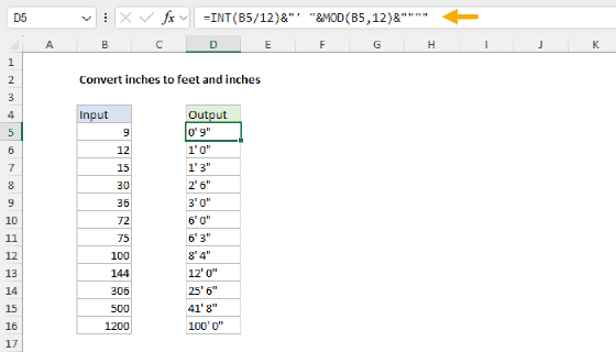 Excel Convert inches to feet and inches