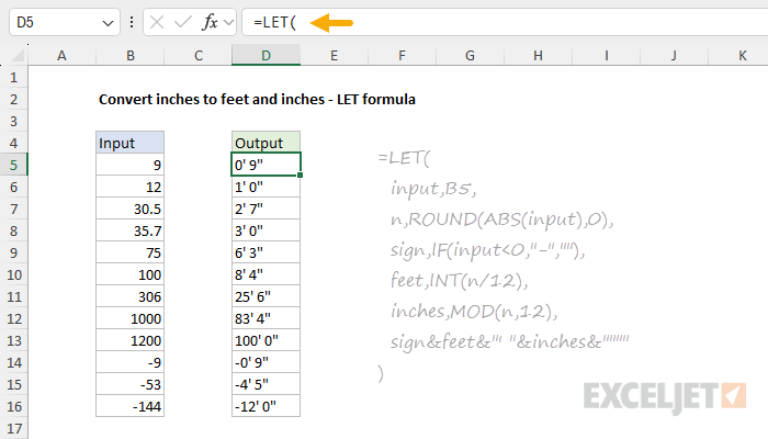 LET formula to convert inches to feet and inches with rounding and negative numbers