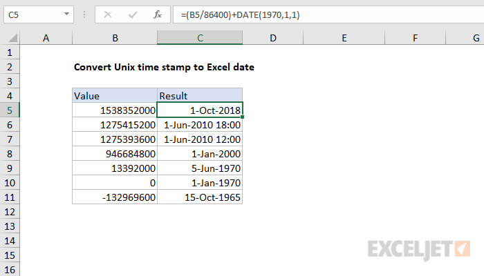 Convert Unix time stamp to Excel date