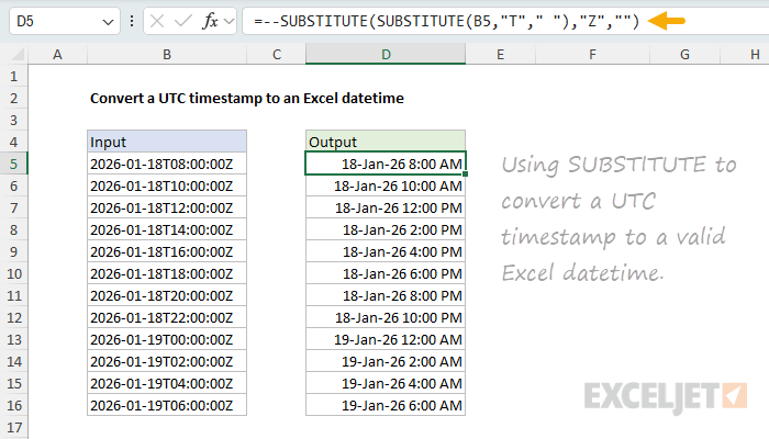 Convert UTC timestamp to Excel datetime