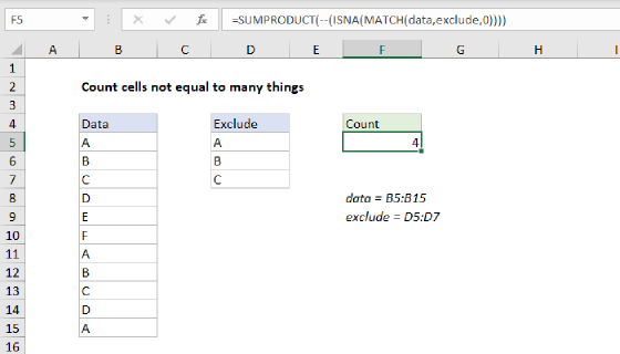 Excel Count cells not equal to many things