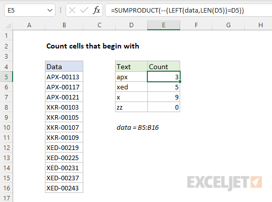 Count cells that begin with SUMPRODUCT and LEFT