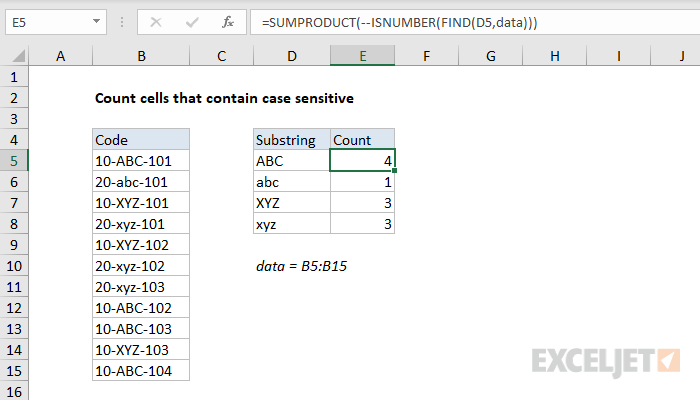 Count cells that contain case sensitive