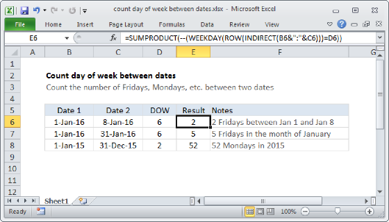 Excel Count day of week between dates