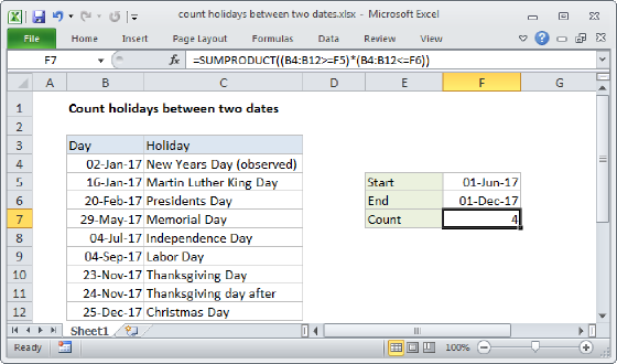 Excel Count holidays between two dates