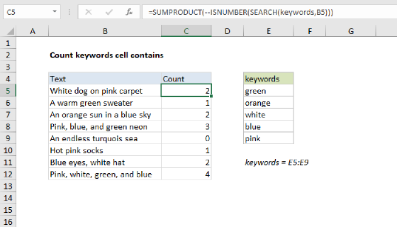 Excel Count keywords cell contains