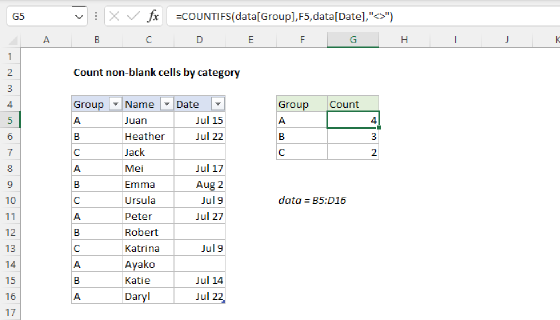 Excel Count non-blank cells by category
