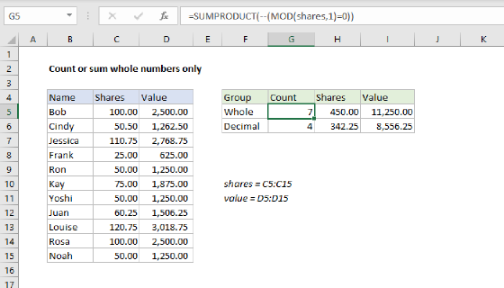 Excel Count or sum whole numbers only