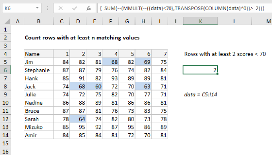 Excel Count rows with at least n matching values