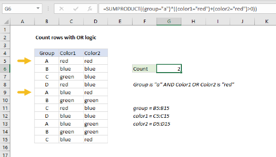 Excel Count rows with OR logic