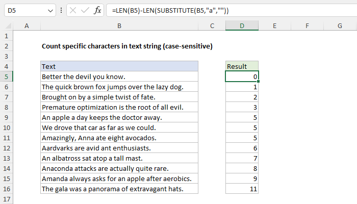 Count specific characters in text string - Excel formula | Exceljet