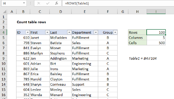 Excel Count table rows