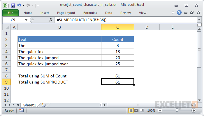 Count total characters in a range