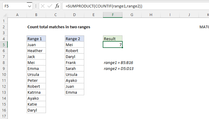 Count total matches in two ranges