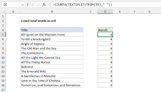 Excel Count total words in a cell