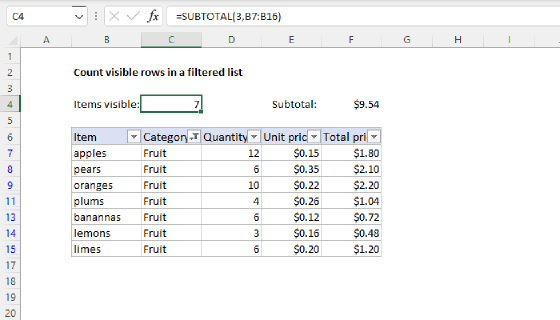 Excel Count visible rows in a filtered list